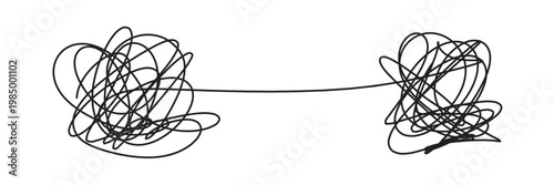 Tangled scribble lines transitioning from chaos to straight arrow. Concept of problem solving, simple solution, untangling process, and efficient business strategy development in eps 10.