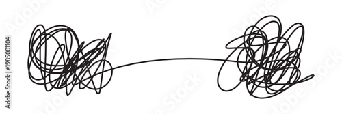 Tangled scribble lines transitioning from chaos to straight arrow. Concept of problem solving, simple solution, untangling process, and efficient business strategy development in eps 10.