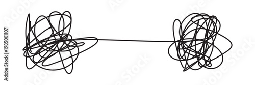 Tangled scribble lines transitioning from chaos to straight arrow. Concept of problem solving, simple solution, untangling process, and efficient business strategy development in eps 10.