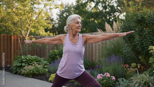 Senior woman practicing yoga in a garden, performing warrior pose with arms extended, surrounded by vibrant flowers and greenery in a serene outdoor setting