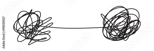 Tangled scribble lines transitioning from chaos to straight arrow. Concept of problem solving, simple solution, untangling process, and efficient business strategy development in eps 10.
