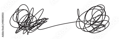 Messy lines. Complicated scribble path, messy tangle, doodle knot as thought from complex to easy solution. Confused brain problems. Labyrinth and chaos vector concepts vector illustration in eps 10.