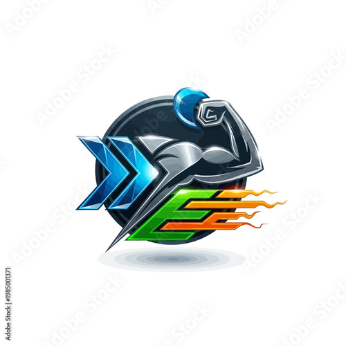 Dynamic Fitness Emblem with Muscular Arm and Speed Lines.