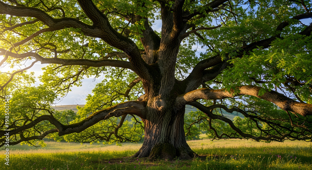 Fototapeta premium Old oak tree stands in sunlit grassy field, its expansive branches adorned with lush green leaves. Image conveys strength, longevity, and natural beauty of environment.