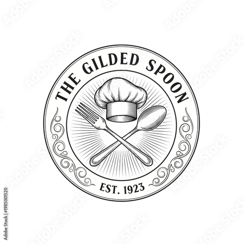 The Gilded Spoon Restaurant Logo with Chef Hat and Utensils.