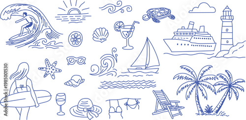 Doodle beach and surf hand drawn vector set. Tropical coastal elements. perfect for summer designs, t-shirts, posters, and placard prints.