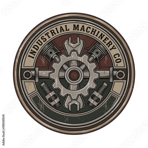 Industrial Machinery Co. Emblem with Gears and Pistons.