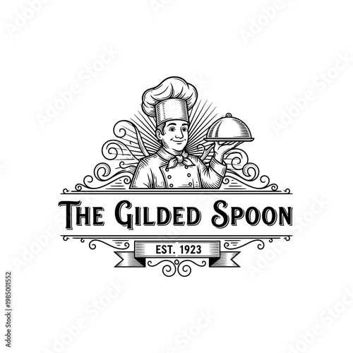 Vintage Chef Holding a Cloche Serving Dish Emblem.