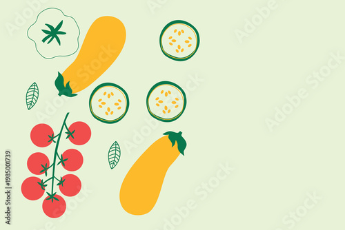 Art & Illustration Abstract appetizing Vegetables collection. Decorative abstract horizontal banner with colorful doodles. Hand-drawn modern illustrations with Vegetables, abstract elements.