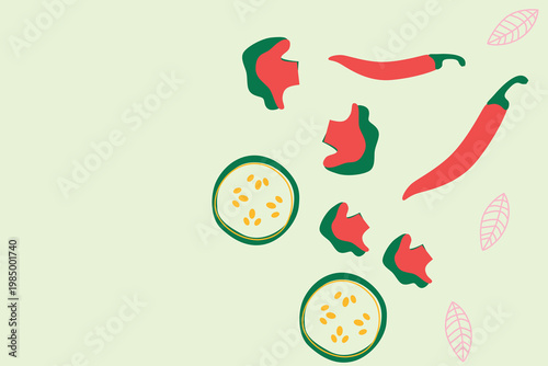 Art & Illustration Abstract appetizing Vegetables collection. Decorative abstract horizontal banner with colorful doodles. Hand-drawn modern illustrations with Vegetables, abstract elements.