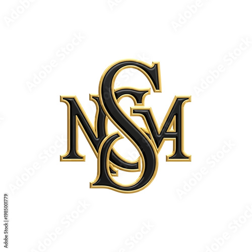 Elegant Monogram NSGM with Gold Outline and Black Fill.
