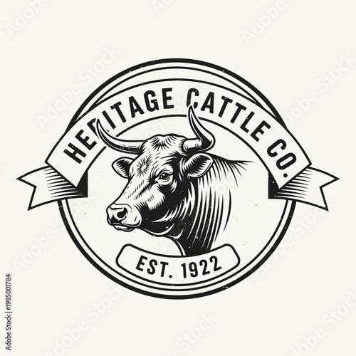 Heritage Cattle Co. Vintage Emblem with Bull Portrait.