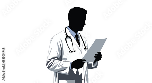 Silhouette of a doctor in a white lab coat reading a document