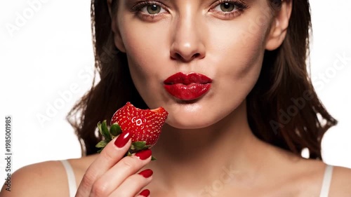 Woman eating fresh red strawberry. Girl with bright lipstick bites tasty fruit close-up. Beauty model positing with berry for skincare and fashion campaign.