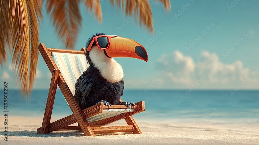 Fototapeta premium Toucan wearing sunglasses relaxing on beach chair