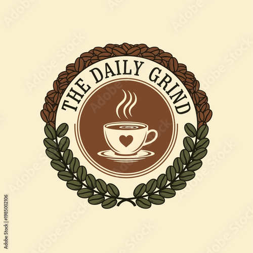 The Daily Grind Coffee Cup Logo Emblem.