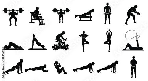 Black silhouettes of people doing various exercises and workouts