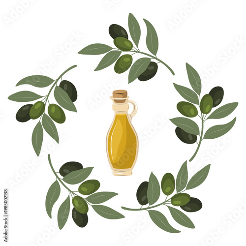 Olive oil glass bottle inside a green branch wreath. Vector illustration for organic food packaging, Mediterranean diet branding, and farm market labels.