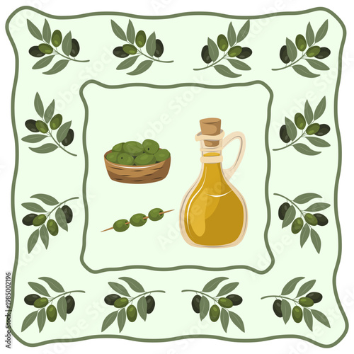 Mediterranean still life with olive oil bottle and bowl of olives in a decorative frame. Vector template for restaurant menu, kitchen decor, and food packaging.
