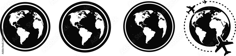Obraz premium World Globe And Airplane Travel Icon Vector Set Featuring Earth Maps And Flight Path Symbols For Global Logistics International Tourism Navigation And Aviation Graphic Designs