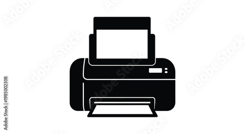 A black silhouette of a modern printer with a flat screen display silhouette