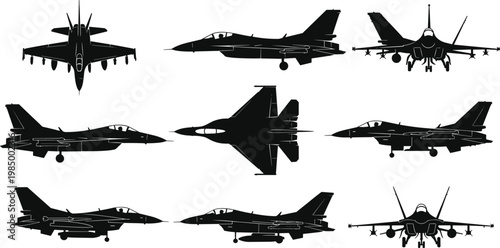 Foto Fighter Jet Silhouette Vector Set Featuring Modern Military Aircraft Stealth Bom