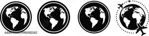 World Globe And Airplane Travel Icon Vector Set Featuring Earth Maps And Flight Path Symbols For Global Logistics International Tourism Navigation And Aviation Graphic Designs