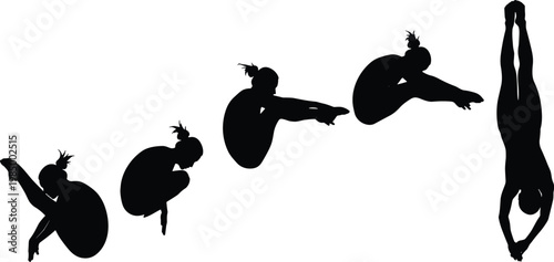 Silhouette of a professional female diver performing a somersault in pike position sequence, isolated on white background for sports design