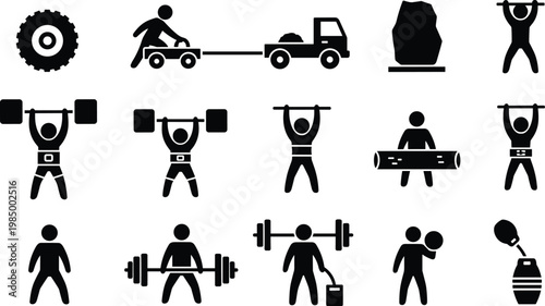 Comprehensive Strongman Competition and Weightlifting Icon Set Featuring Heavy Lifting, Tire Flips, Log Press, Stone Carrying, and Professional Athletic Strength Training