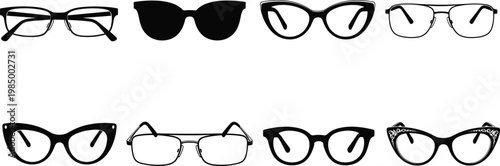 Set of Stylish Eyeglasses and Sunglasses Silhouette Icons Featuring Various Frame Shapes Including Cat Eye Aviator and Wayfarer for Optical Retail Fashion Accessory and Vision Care Graphic Designs