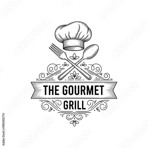 The Gourmet Grill Restaurant Logo with Chef Hat and Utensils.