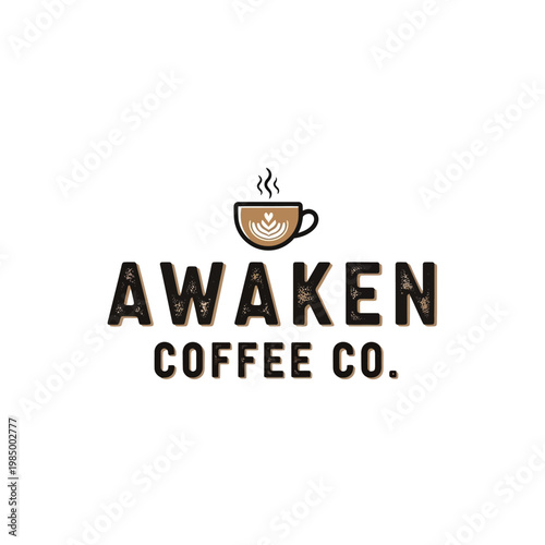 Awaken Coffee Co. Logo Design with Steaming Coffee Cup.