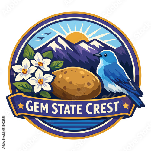 Gem State Crest illustration with playful trout, sparkling river waters, and wildflower accents over Idaho mountains; retro fishing badge logo for outdoor adventure merchandise. HD
