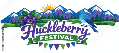 Huckleberry Festival banner artwork with colorful berry clusters, sunshine and mountain scenery, joyful typography and ribbon frame; travel tourism logo concept HD stockgraphics
