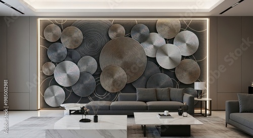 Modern living room interior design with geometric wall art and furniture