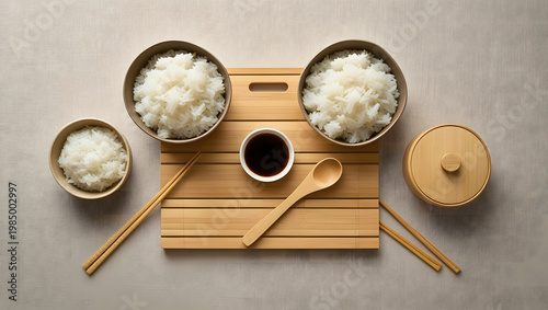 A minimalist flat lay showcases traditional japanese cuisine featuring fluffy white rice