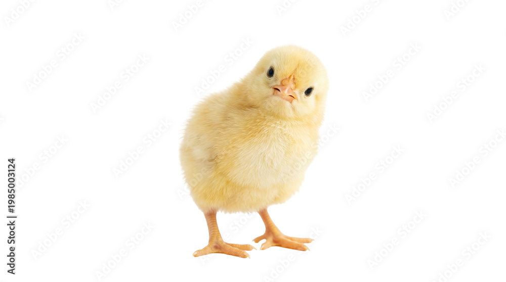Fototapeta premium Fluffy yellow chick with curious expression, isolated on transparent background