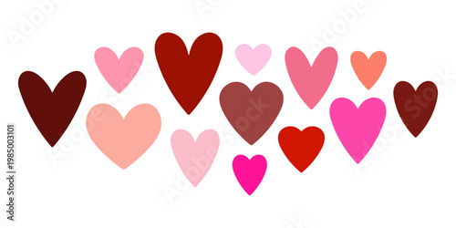 A set of different multicolored heart icons. Colored silhouette. Front view. Vector simple flat graphic illustration. Isolated object on a white background.