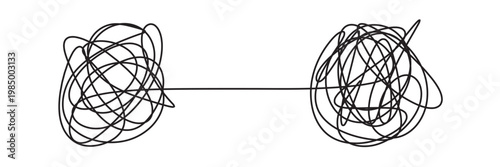 Chaotic tangled line transforms into circle knot illustration. Abstract concept showing problem-solving path from mess to order in vector graphic format in eps 10.