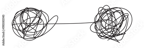 Chaotic tangled line transforms into circle knot illustration. Abstract concept showing problem-solving path from mess to order in vector graphic format in eps 10.
