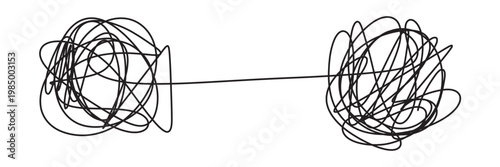 Chaotic tangled line transforms into circle knot illustration. Abstract concept showing problem-solving path from mess to order in vector graphic format in eps 10.
