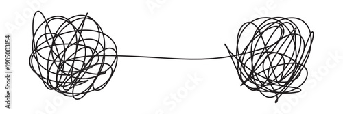 Chaotic tangled line transforms into circle knot illustration. Abstract concept showing problem-solving path from mess to order in vector graphic format in eps 10.