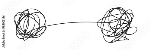 Chaotic tangled line transforms into circle knot illustration. Abstract concept showing problem-solving path from mess to order in vector graphic format in eps 10.