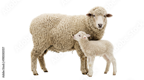 Fluffy sheep mother and baby lamb standing together, isolated on transparent background