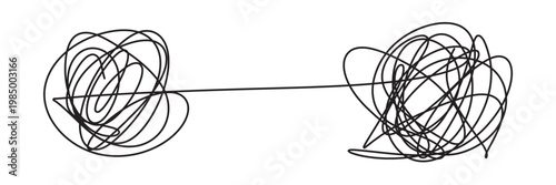 Chaotic tangled line transforms into circle knot illustration. Abstract concept showing problem-solving path from mess to order in vector graphic format in eps 10.