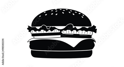 A striking black silhouette of a classic cheeseburger with detailed layers