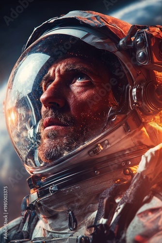 Male astronaut gazing upward in space with celestial background  