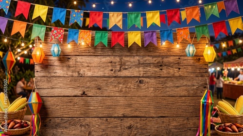 A vibrant wooden panel decorated for a festa junina with space for text