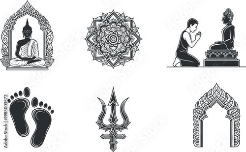 Buddhist and hindu symbols and statues in black and white