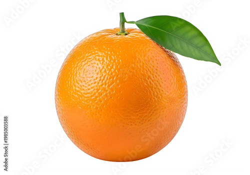Bright orange fruit with a fresh green leaf attached isolated on transparent background